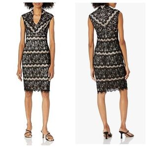 MARINA Eyelash Lace Black and Peach Nude Lace Cocktail Dress